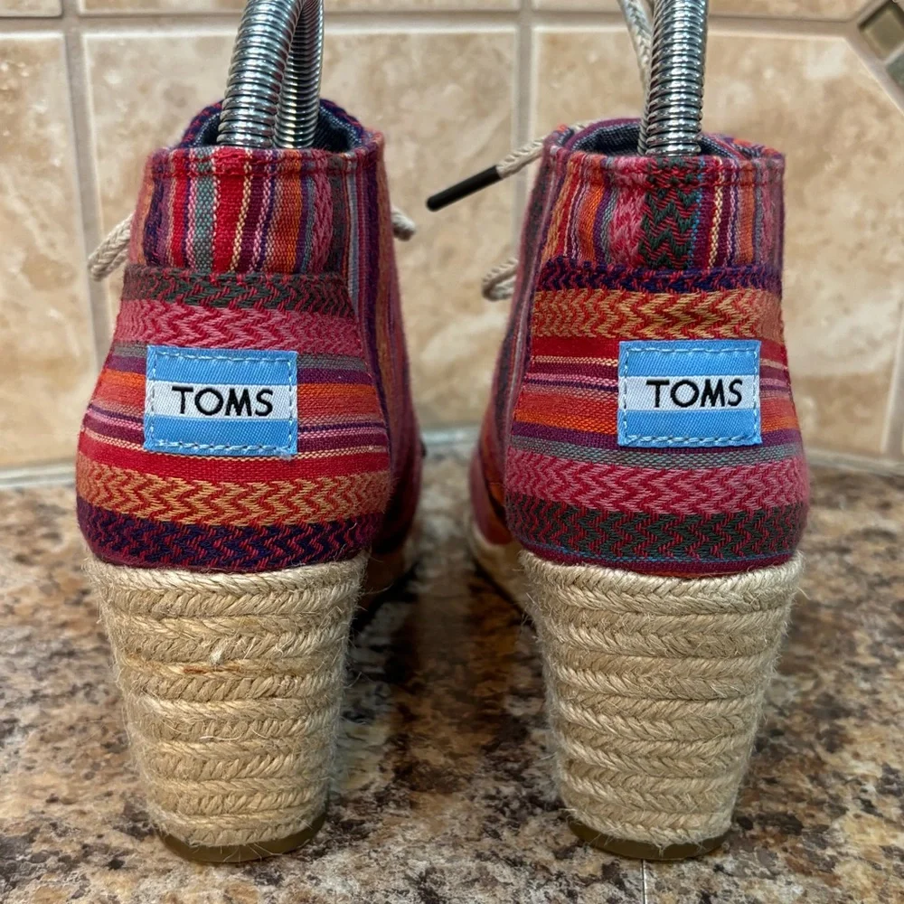 Toms Mexican Serape Blanket Hemp Linen Espadrille Wedge Ankle Booties Si…